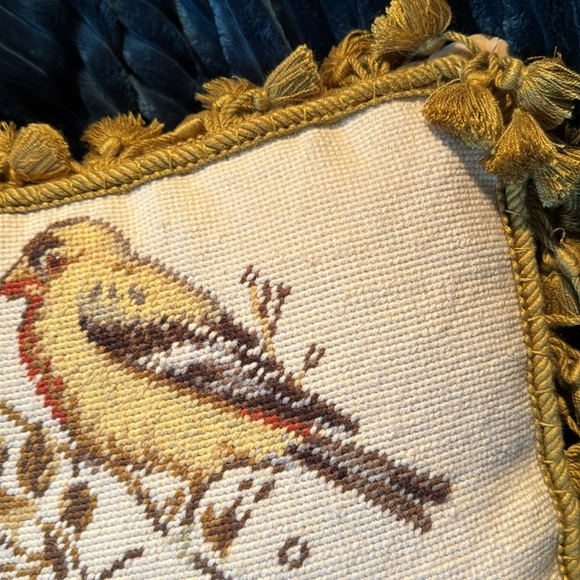 Wool Needle Point Pillow with Tassel Fringe-Song Bird with Nest-Beige/Tan - Picture 4 of 13